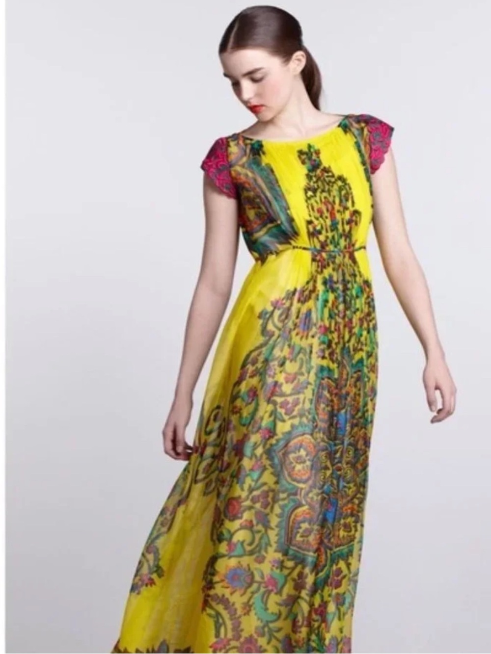HEMANT & NANDITA Yellow Floral Print Maxi Dress with Pink Cap Sleeves - Picture 12 of 15